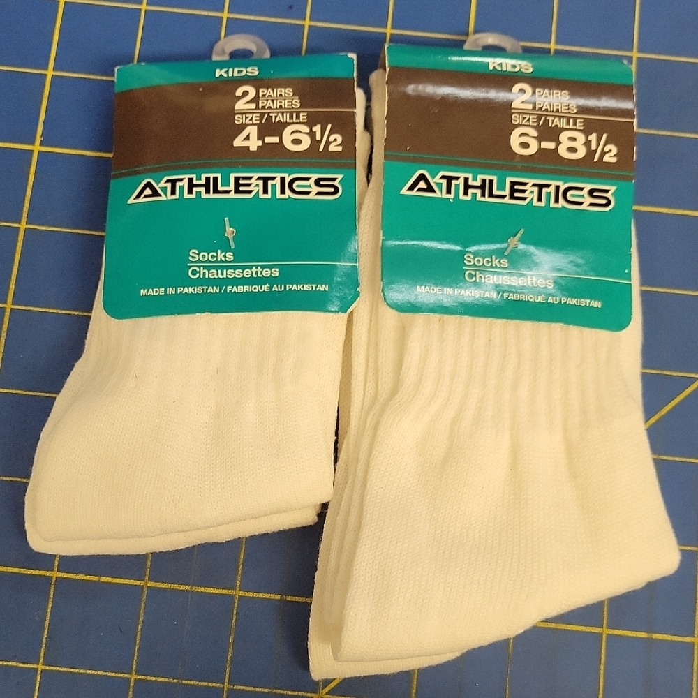 Athletics White Crew Socks 2 pair per packages Size 4x6.5" & Size 6-8.5" 4 Pairs